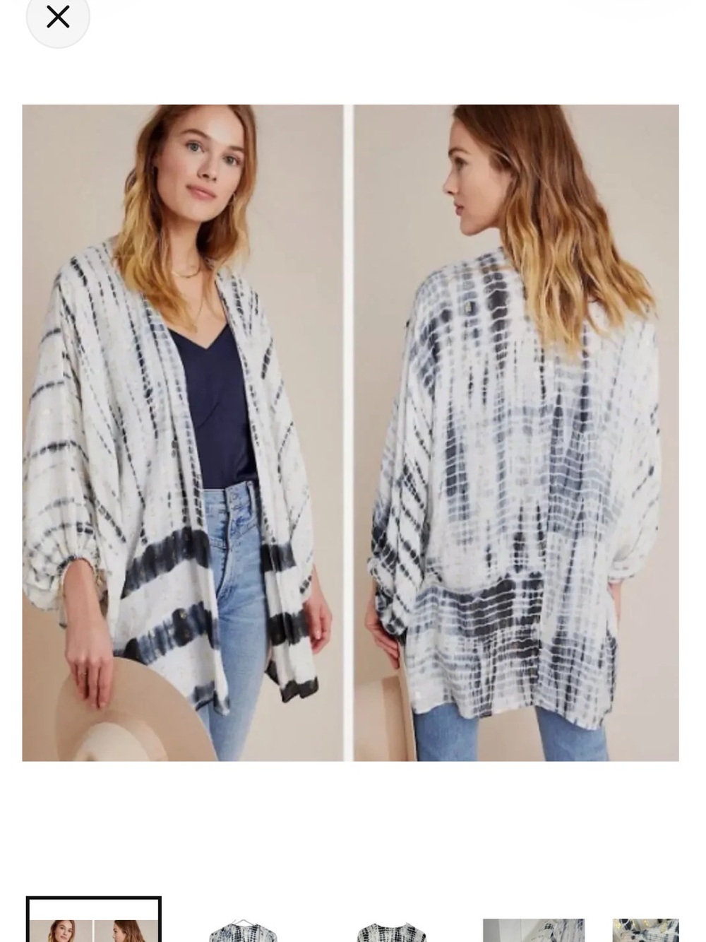 Anthropologie Open-Front Kimono Cardigan in White & Blue Tie-Dye